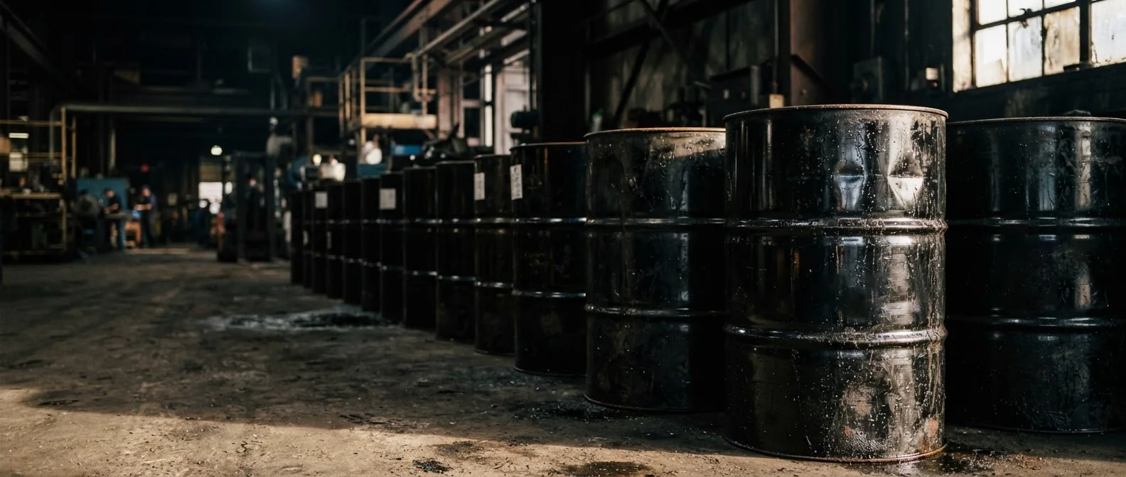 Rows of black oil drums inside an industrial warehouse