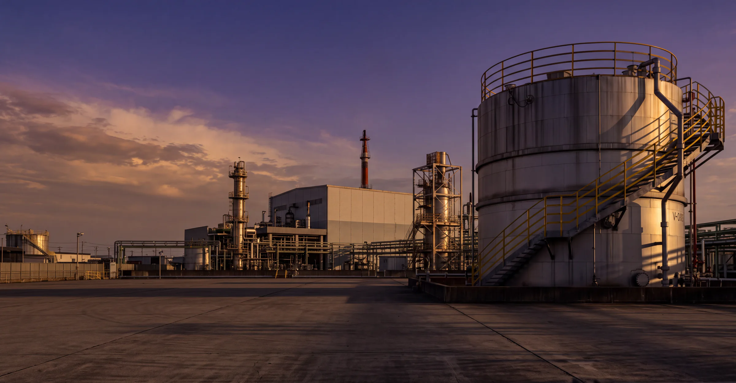 Oil refinery at dusk under a violet sky